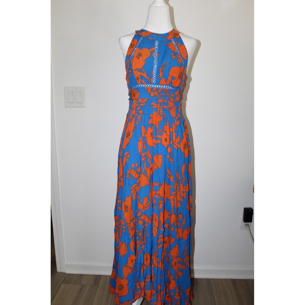 Abel the Label Womens Blue Orange Floral Halter Maxi Dress Smocked Open Back XS